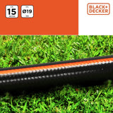 Zahradní hadice BLACK+DECKER 15 metrů - Ø19MM - Odolné PVC - Zalévání zahrady, mytí auta, napouštění bazénu - Kompatibilní s jakoukoli standardní baterií - Černá/Oranžová