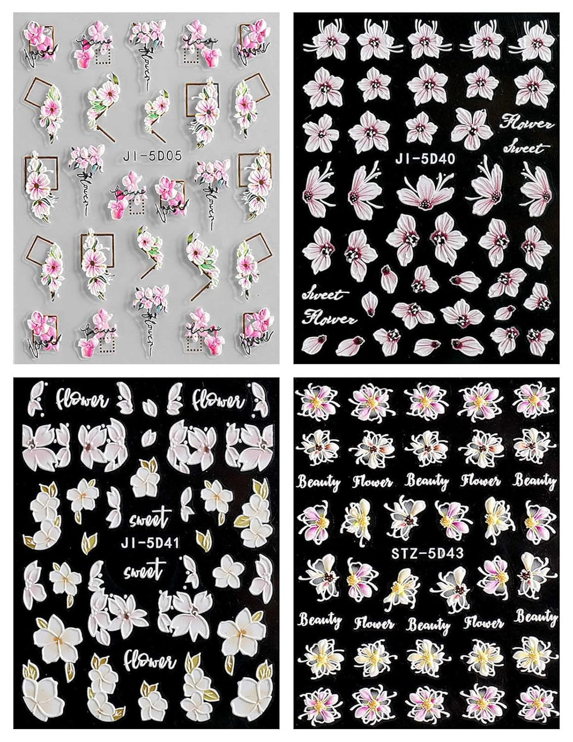 JMEOWIO 3D Nálepka na nehty Frühling Blume Nálepka na nehty Selbstklebend Nagelaufkleber 5D Stereoskopisch Buntes Letní Blumen Dekorace Nageldesign Zubehör 4 Blatt