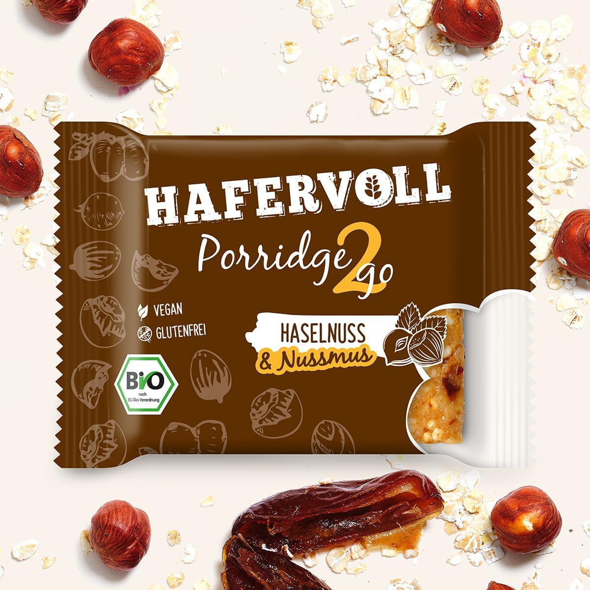 Hafervoll Porridge2go Arašídové máslo a ořechy, 13 tyčinek x 55 g – veganské, organické, bezlepkové, bez přidaného cukru přesnídávka, s ovesem, datlemi a quinoa cukrovinkami