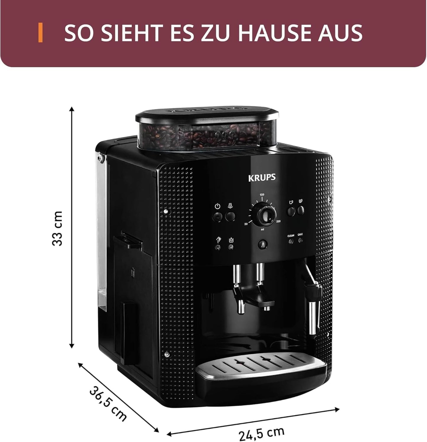 Automatický espresso kávovar KRUPS Arabica Picto, kompaktní design, snadné ovládání, intuitivní nastavitelné otočné ovládání, napěňovač mléka, funkce 2 šálků, kávovar, černý, EA810870
