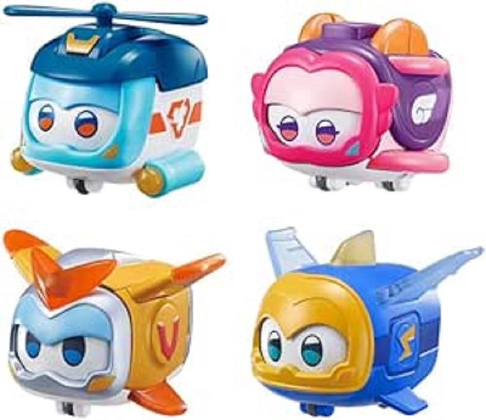 Super Wings Super Pets 4 KS Shine, Golden Boy, Jerome, Ellie Přepínatelná Přenosná hračka pro výraz obličeje Bleskový efekt pro 3 4 5 6 7 8 letého chlapce Dívka 2palcové akční figurky Naty Shop 4 balení A