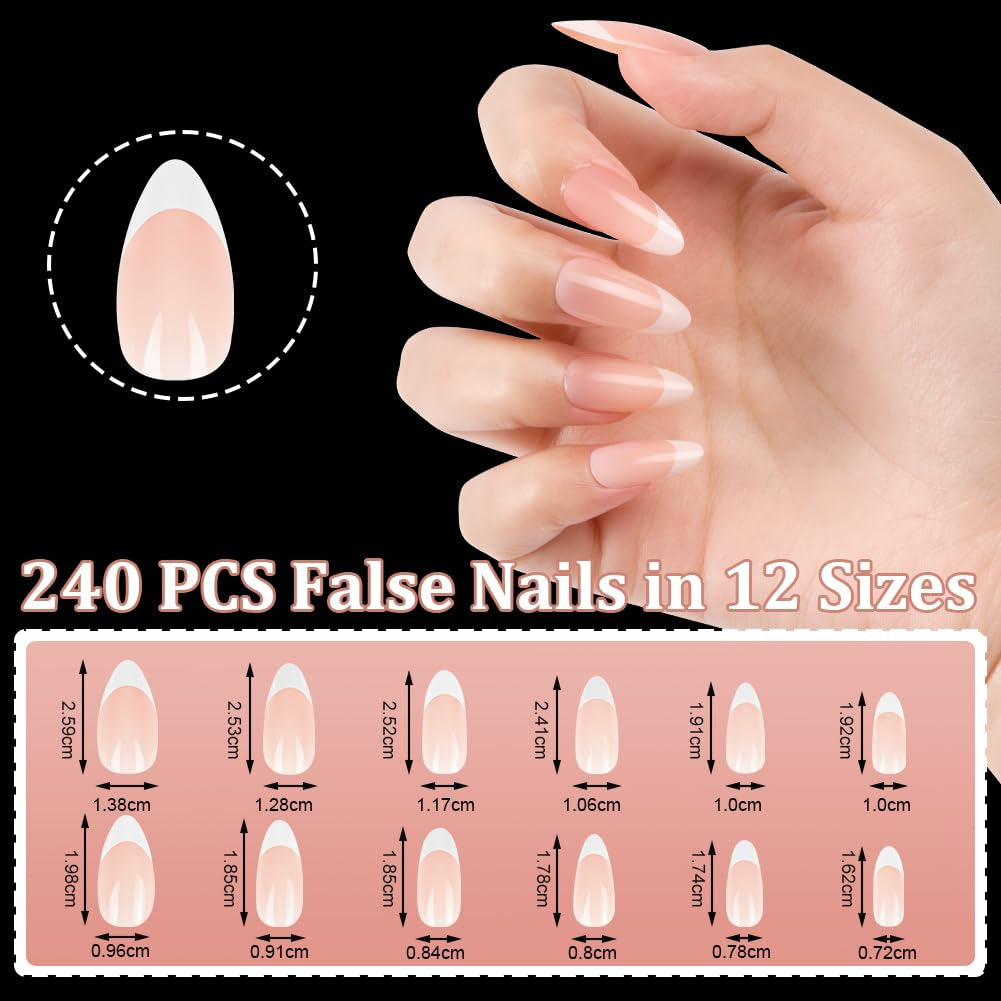 Sada 240 kusů umělých nehtů, French Press na umělé nehty, Press On French Neht, 12 velikostí, umělé nehty s lepidlem pro ženy a muže (Nude White Medium Mandle)