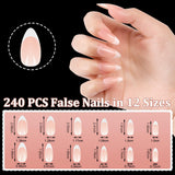 Sada 240 kusů umělých nehtů, French Press na umělé nehty, Press On French Neht, 12 velikostí, umělé nehty s lepidlem pro ženy a muže (Nude White Medium Mandle)