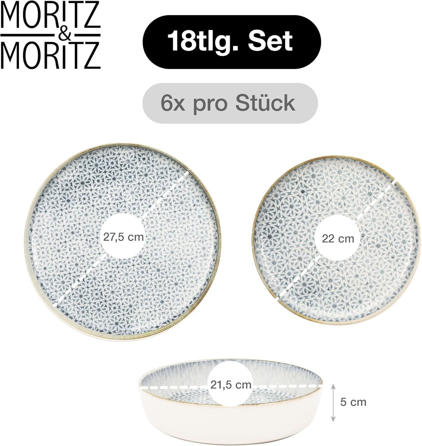 Sada nádobí Moritz & Moritz ALHAMBRA pro 6, 18 kusů, vysoce kvalitní porcelán – moderní modré nádobí – sada se snadnou údržbou obsahující 6 talířů, 6 dezertních talířů a 6 misek