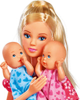 Simba 105730211 - Steffi Love Nanny, se dvěma miminky, nosičem a autosedačkou, doplňky, převlékací panenka, 29 cm, pro děti od 3 let