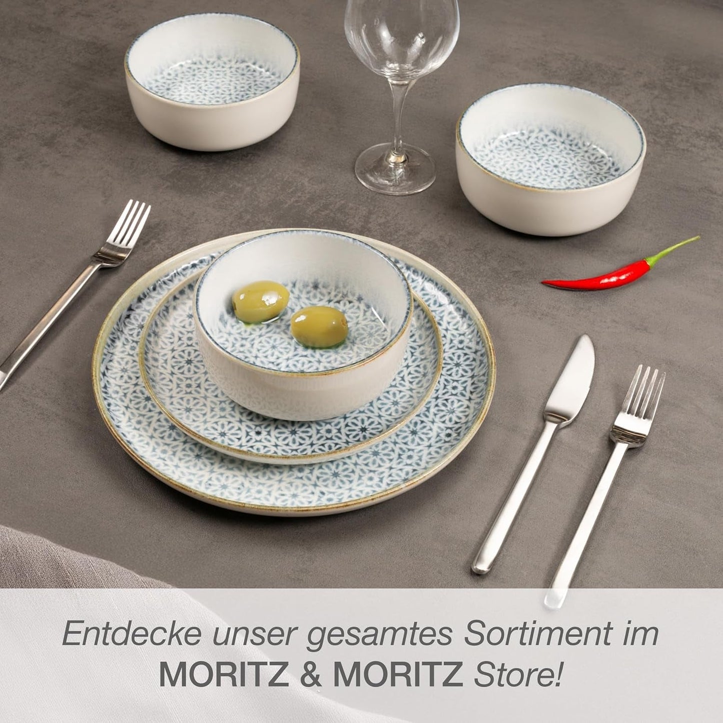 Sada nádobí Moritz & Moritz ALHAMBRA pro 6, 18 kusů, vysoce kvalitní porcelán – moderní modré nádobí – sada se snadnou údržbou obsahující 6 talířů, 6 dezertních talířů a 6 misek