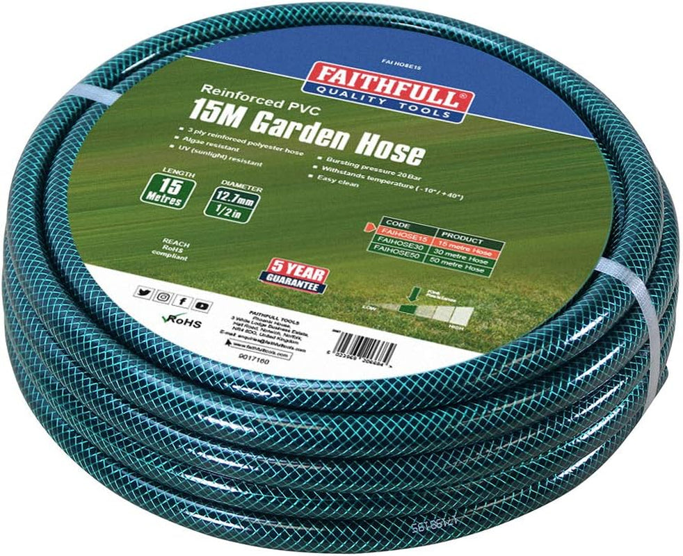 Zahradní hadice Faithfull 50 m (164 stop) Vyztužená 12,7 mm (1/2 palce) Průměr – Těžká PVC trubka, zelená