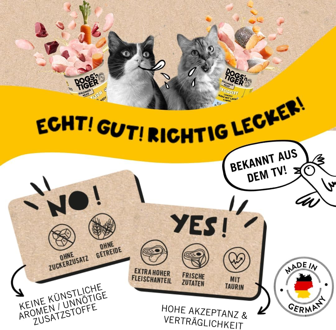 Dogs'n Tiger Schlemmermenü Glückskind, Nassfutter für Kätzchen, saftiges Hun und Forelle - ohne Getreide, Zuckerzusatz, künstliche Konservierungsstoffe, optimální Verträglichkeit, 12x 200g