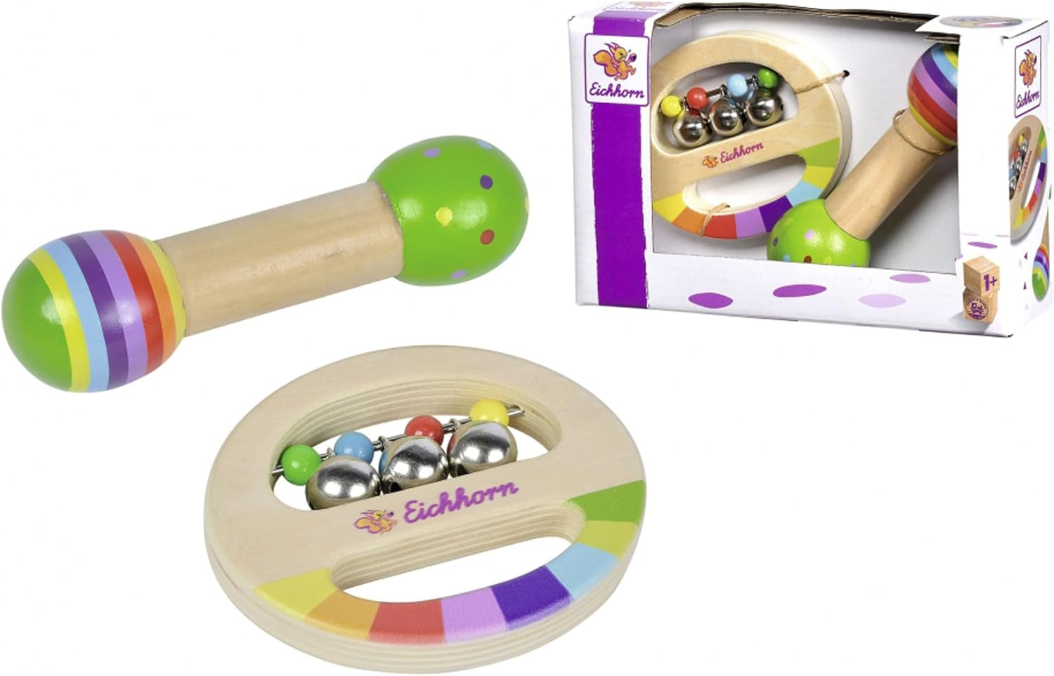Eichhorn - 2dílná hudební sada, obsahuje hračku s rolničkami a zvukovou tyčí, barevné dřevěné hudební nástroje, od 1 roku Hračky pro miminka Naty Shop
