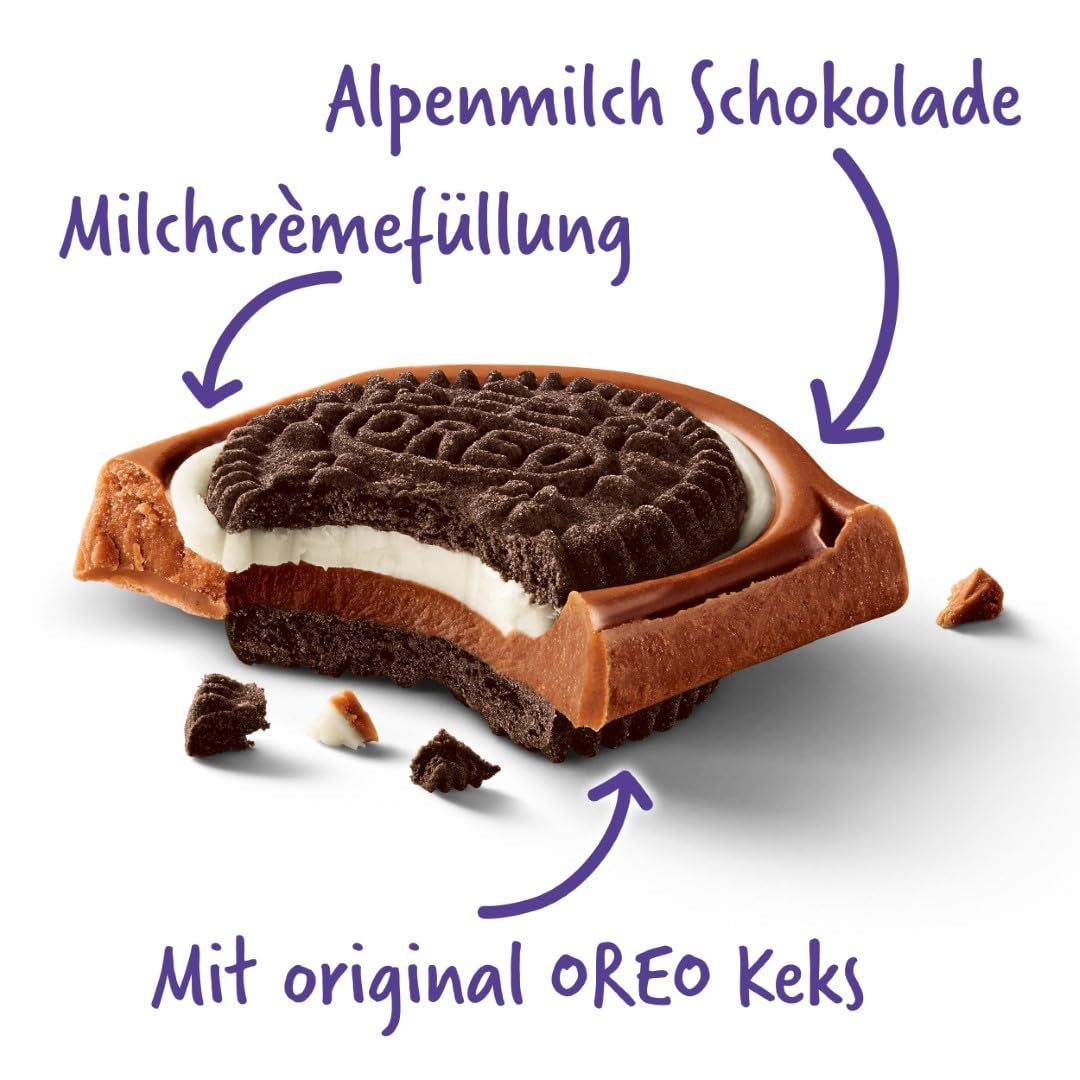 Milka Oreo Sandwich – čokoláda z alpského mléka, plněná křupavými kousky Oreo sušenek a jemným vanilkovým krémem – 92g