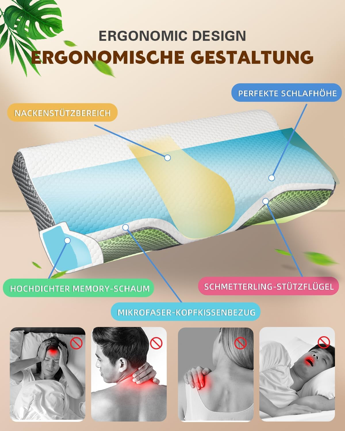 Polštář proti bolesti krku, Ergonomický ortopedický polštář na krk, Polštář s paměťovou pěnou na straně zad, Polštář proti chrápání pro muže Ženy (62 * 34,5 * 12/8CM) Krční ortopedické polštáře Naty Shop