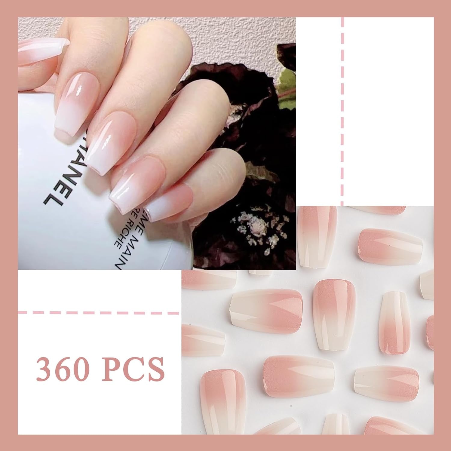 360ks Gradient Ballerina False Nails Set, růžová bílá Gradient nalepovací umělé nehty s 2ks tužky na nehty, střední umělé nehty Ombre pro ženy DIY