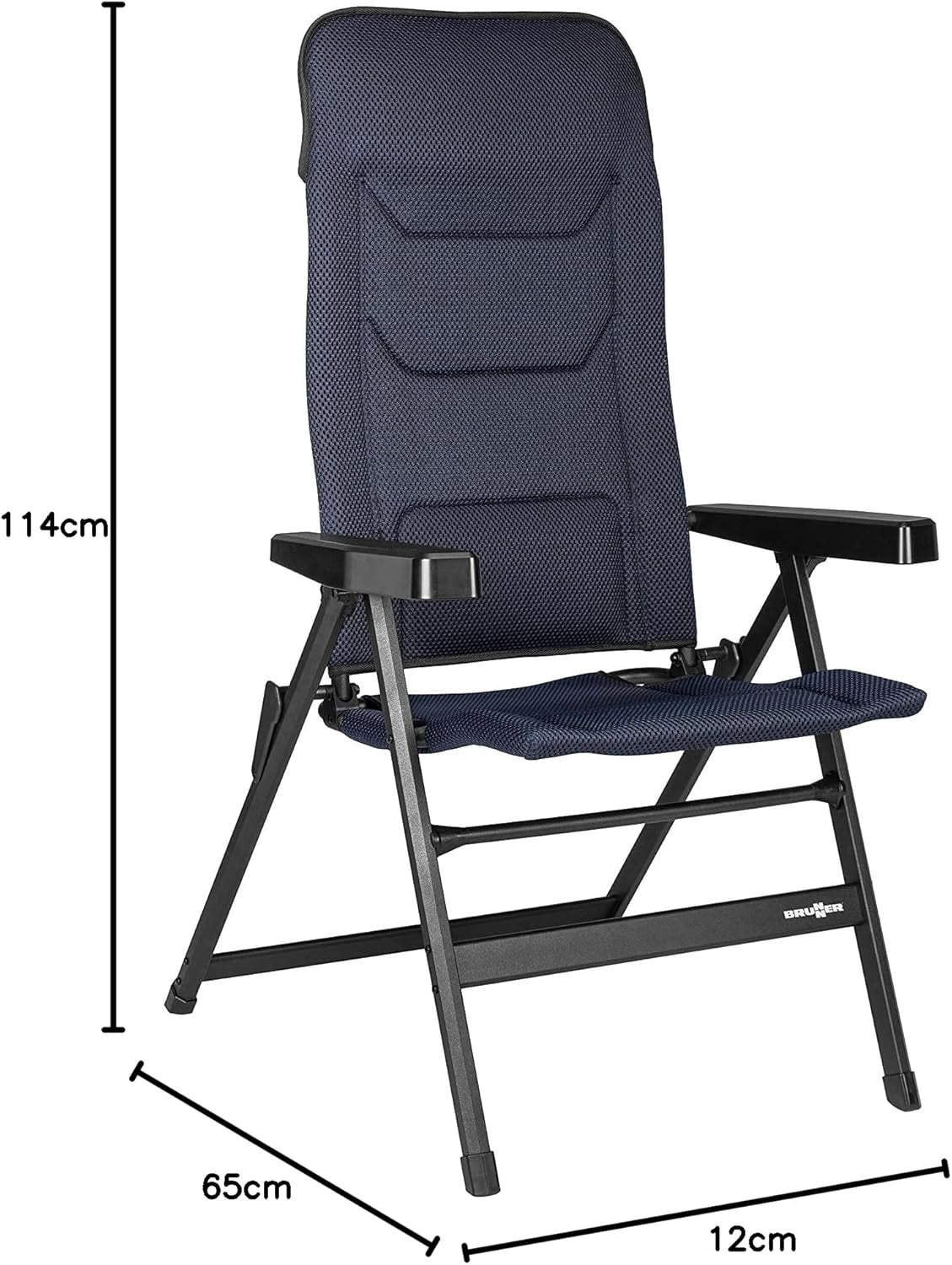 BRUNNER Rebel PRO (S-M-L) Skládací židle pro kempování, zahradu, terasu Vyrobeno z hliníku, nastavitelné do 5 poloh, nosnost až 150 kg, vysoké opěradlo, černé nebo modré Cestovní polštáře Naty Shop
