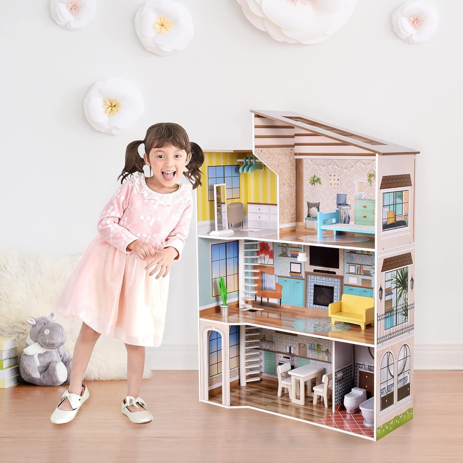 Olivia's Little World Současný středomořský styl 3patrový interaktivní dřevěný domeček pro panenky pro děti se 17 doplňky k nábytku pro panenky Vícebarevná TD-13551B