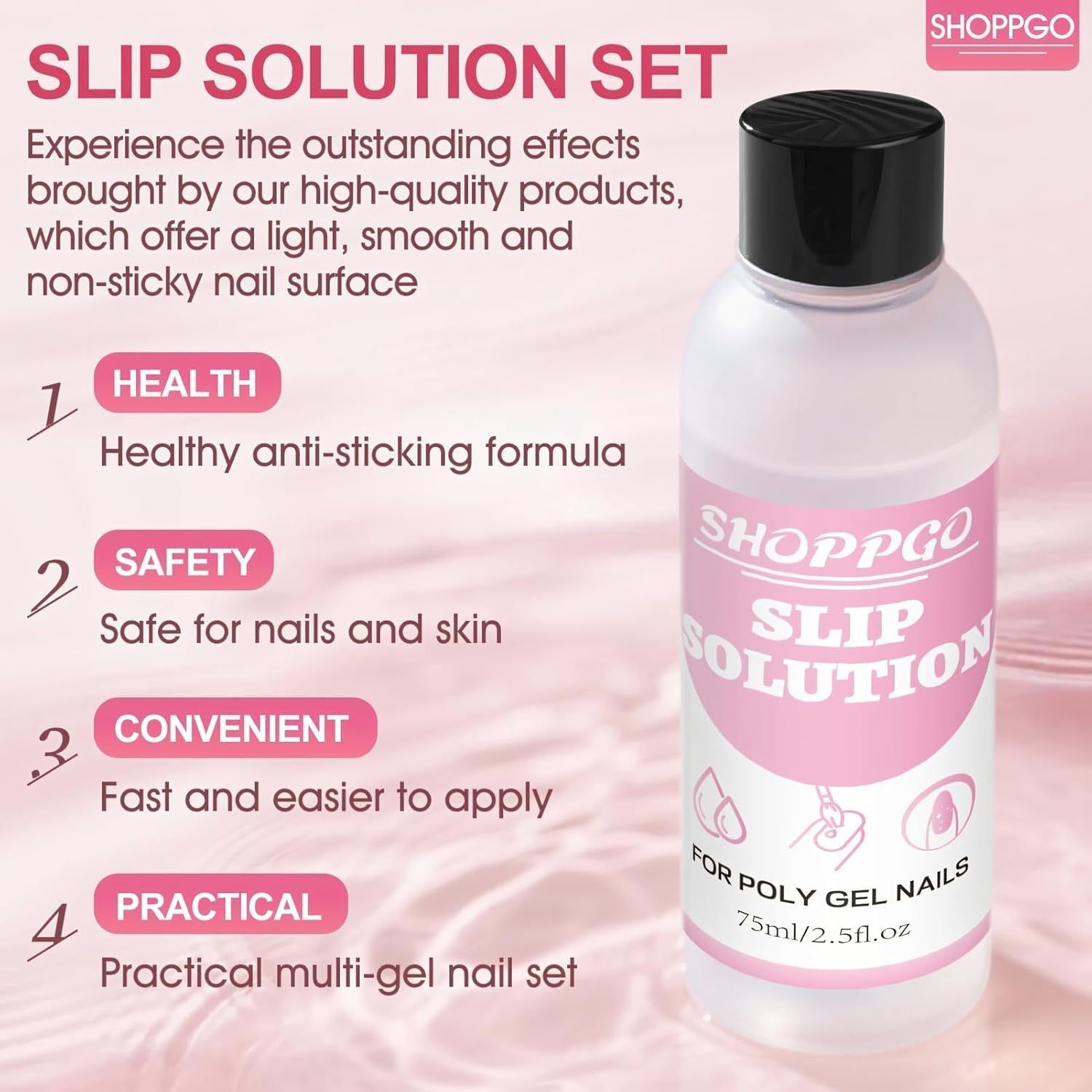 Polygelový roztok na rovnání nehtů, sada na nehty Polygel Slip Solution, roztok na rovnání nehtů 75 ml, obsahuje 5 klipů na nehty, 3 kartáčky na nehty, 1 křišťálový kelímek, 100 čisticích listů