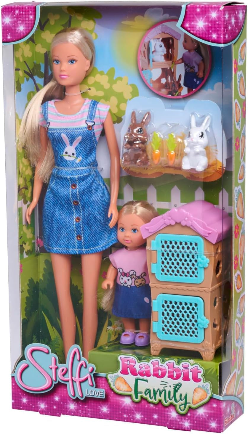 Simba Steffi Love Rabbit Family 12cm 29cm králičí klec Hrací panenka a panenka se dvěma králíčky, věk 3+