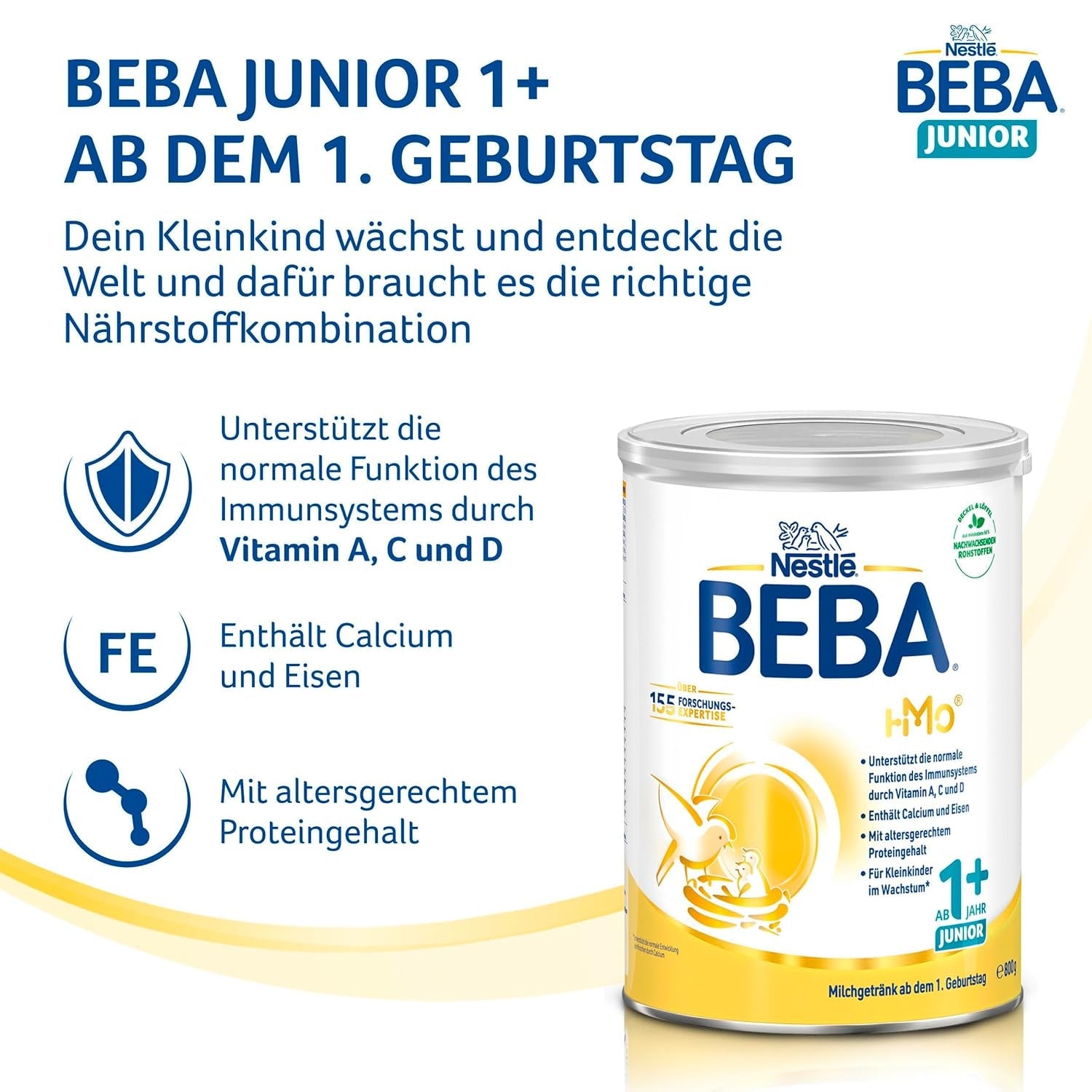 BEBA Junior 1+ mléčný nápoj od 1 roku, S HMO, Obsah bílkovin odpovídající věku, Pouze laktóza, Bez palmového oleje, Bez rybího tuku, Výživa pro batolata, Sušené dětské mléko, Balení 3 ks (3 x 800 g)