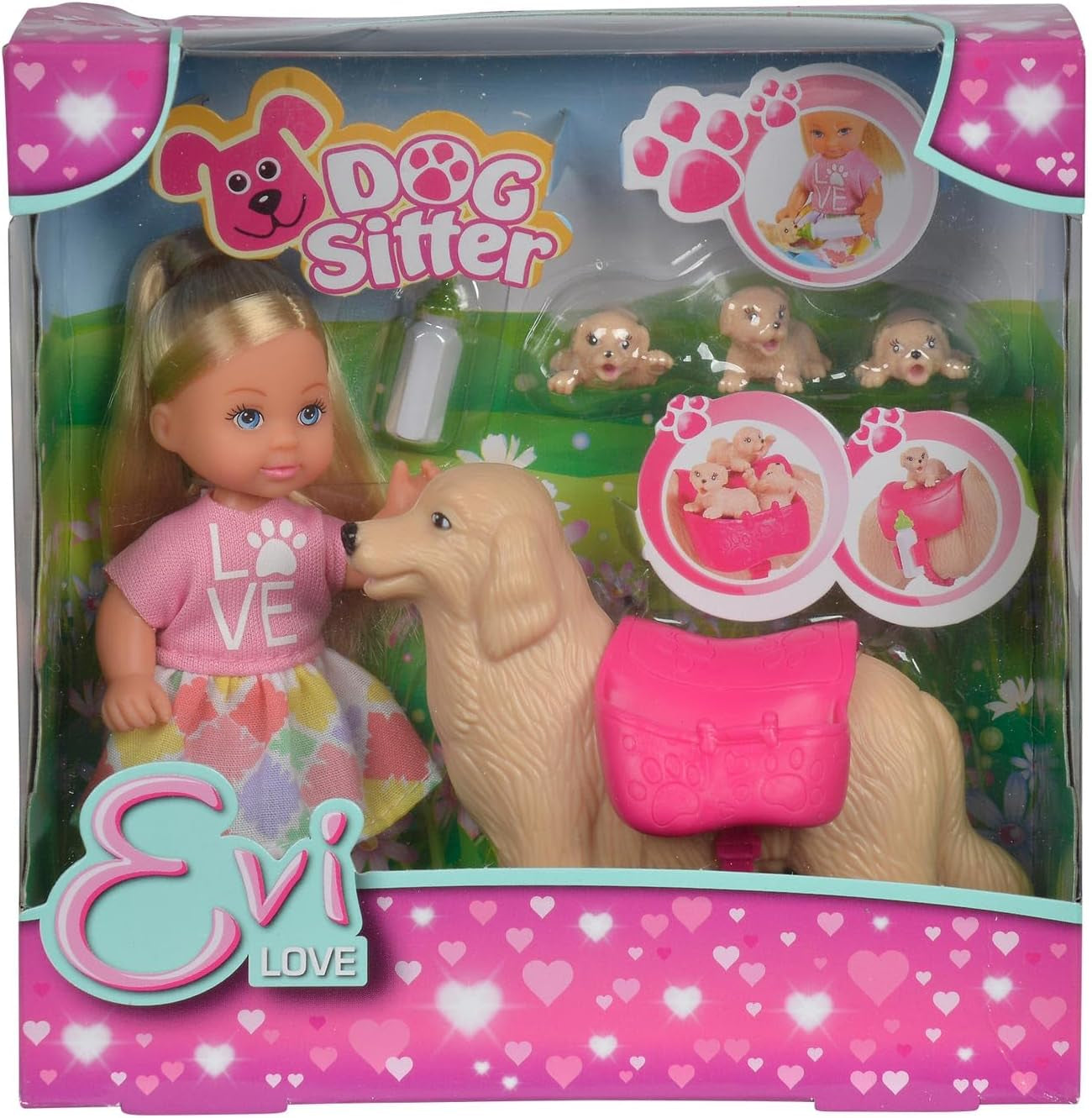 Simba 105733072 - Evi Love Psí hlídač se psem a třemi štěňaty, Doplňky, Módní panenka, 12 cm, Pro děti od 3 let