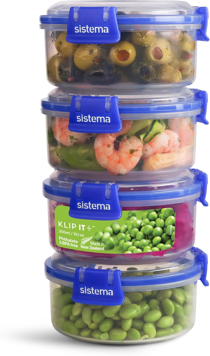 KLIP IT Plus systémová sada dóz pro skladování potravin, kulaté | 300 ml l | vzduchotěsné, stohovatelné a vzduchotěsné skladovací dózy s víčkem | vhodné do lednice/mrazáku | bez BPA | 4 kusy Dózy na potraviny Naty Shop 300 ml