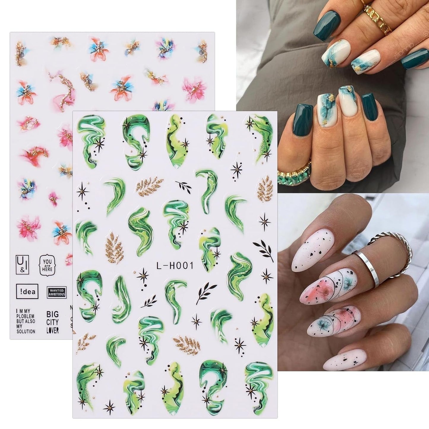 JMEOWIO Nálepka na nehty Marmor Französische Spitze 10 Blatt Nálepka na nehty Selbtklebend Nagelaufkleber Bunt Dekoration Nageldesign Zubehör