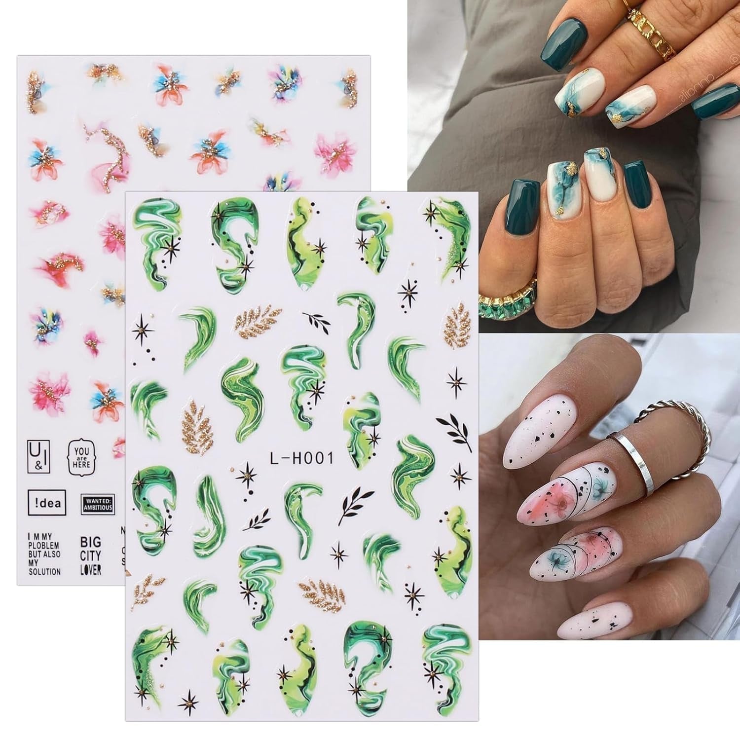 JMEOWIO Nálepka na nehty Marmor Französische Spitze 10 Blatt Nálepka na nehty Selbtklebend Nagelaufkleber Bunt Dekoration Nageldesign Zubehör