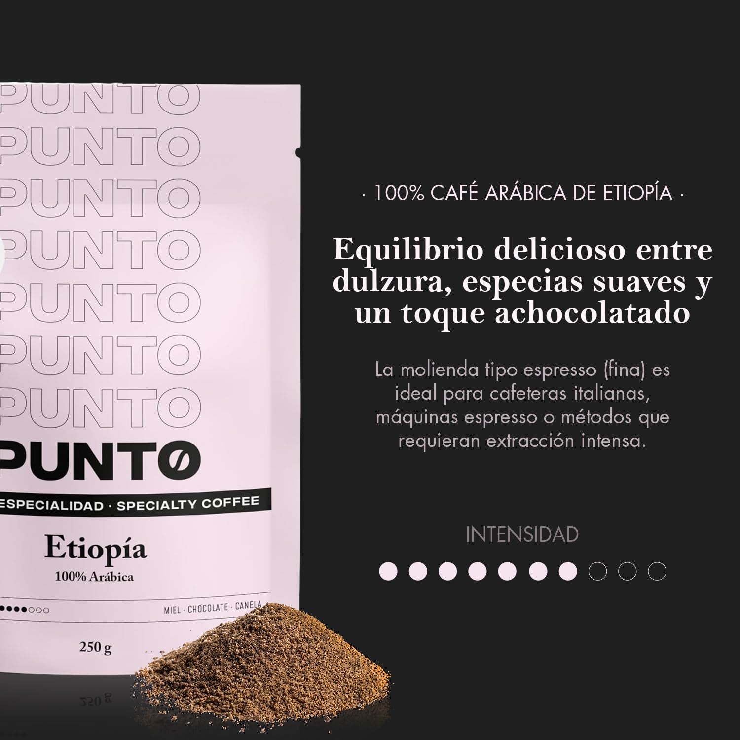 – Mletá etiopská káva – 250 g – Speciální káva – Středně pražený – 100% Arabica – Tóny medu, skořice a čokolády – Intenzivní kyselost – Střední tělo
