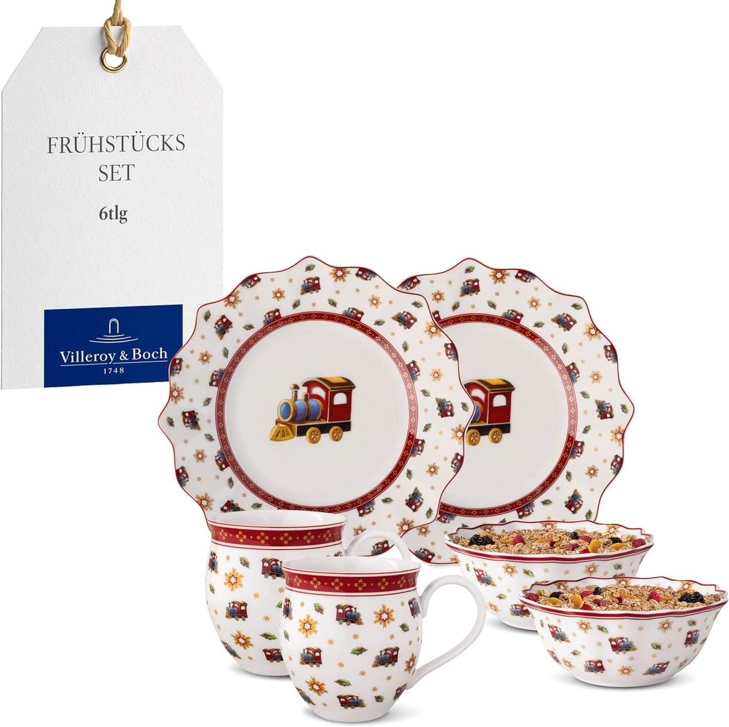 Villeroy & Boch - Toy's Delight Snídaňová sada pro 2, Lokomotiva, 6 kusů, Barevné, Vánoční, Sada nádobí s talíři, šálky a misky ke snídani, Vánoční nádobí, Prémiový porcelán
