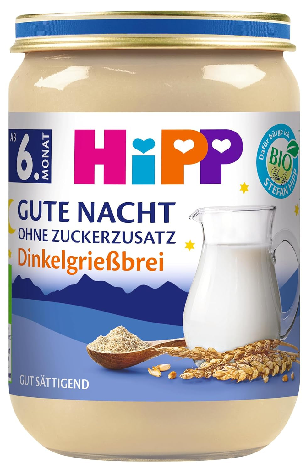 Špaldová kaše HiPP Bio na dobrou noc (6 x 190 g), kojenecká výživa od 6 měsíců, bez přidaného cukru, velmi sytá, nejlepší bio kvalita