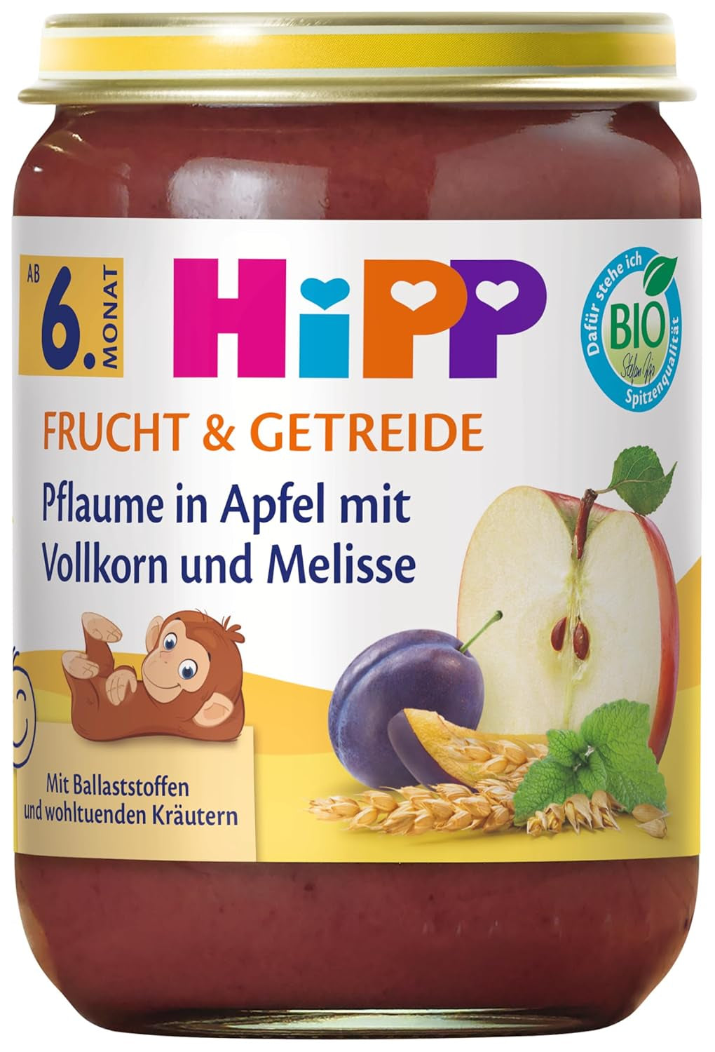 HiPP Bio švestky v jablečném krému s celozrnnými zrny a meduňkou (6 x 190 g), od 6 měsíců, s bio celými zrny a blahodárnými bylinkami, pouze přírodní ovocná sladkost, v té nejlepší bio kvalitě