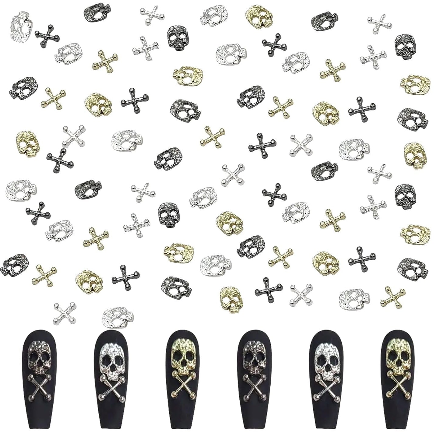 120ks Cross Skull Nail Art Dekorace Sada Zlatá Stříbrná Kovová přívěsky Punk Alloy Nail Art Šperky Šumivé kameny Příslušenství