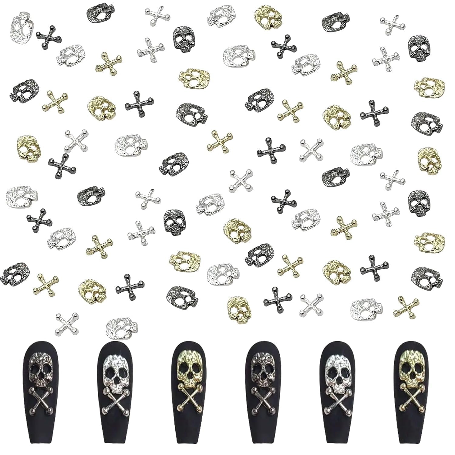 120ks Cross Skull Nail Art Dekorace Sada Zlatá Stříbrná Kovová přívěsky Punk Alloy Nail Art Šperky Šumivé kameny Příslušenství