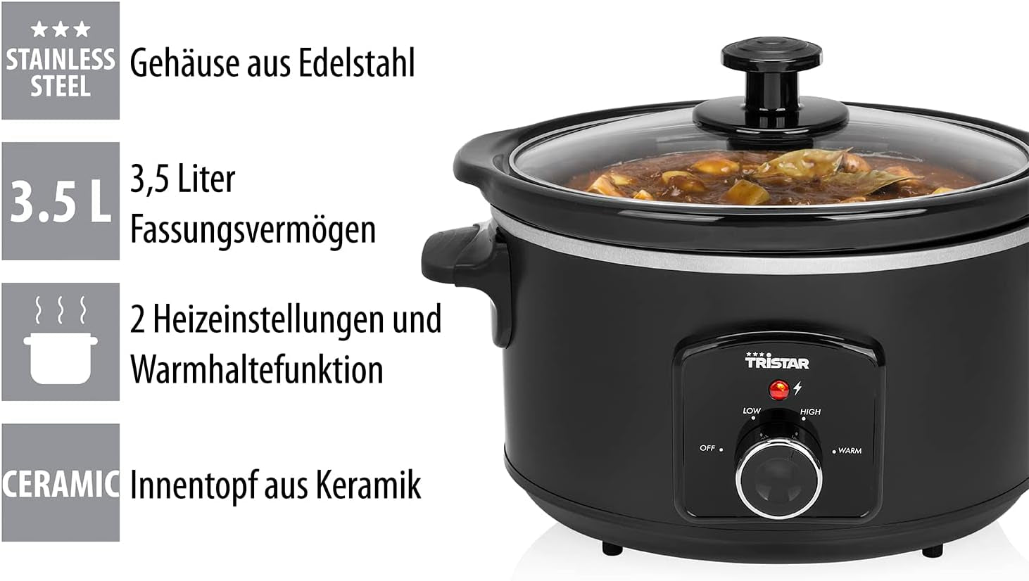 Tristar VS-3915 pomalý hrnec, nerezový keramický hrnec se 2 stupni ohřevu a funkcí udržování teploty, 3,5 l pomalý hrnec Naty Shop