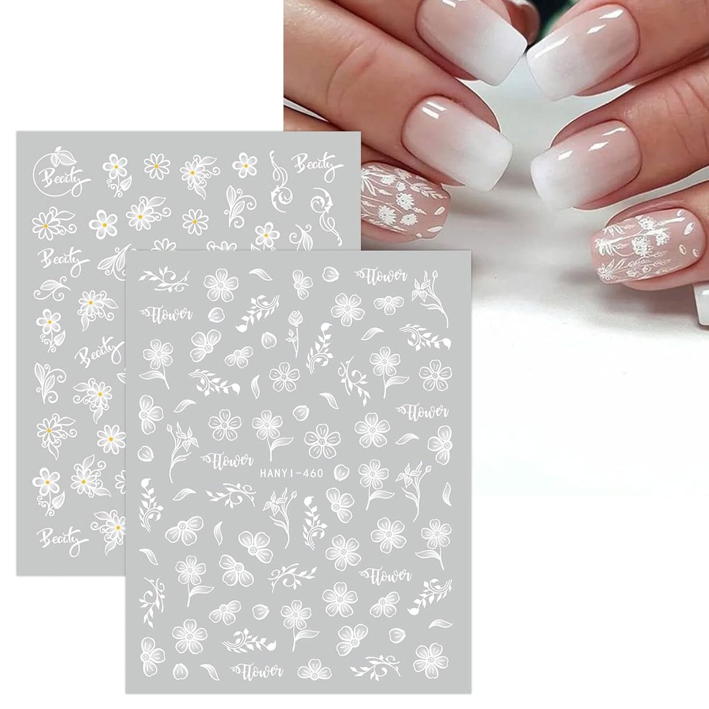 JMEOWIO Nálepka na nehty Frühlings Weiß Blume 12 Blatt Nálepka na nehty Selbtklebend Nagelaufkleber Letní Schmetterling Blumen Blatt Dekoration Nageldesign Zubehör