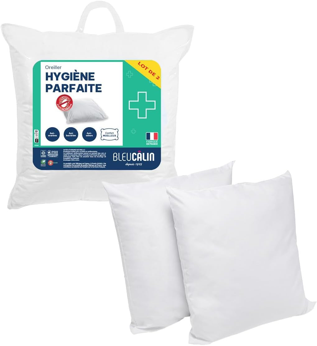 Bleu Câlin Sada 2 ks obdélníkových polštářů proti roztočům, antibakteriální, nadýchaný komfort, T 60X60 Cm, 100% bavlna, perfektní hygienický sortiment Polštáře standard Naty Shop Čtvercový tvar 60 X 60 Cm