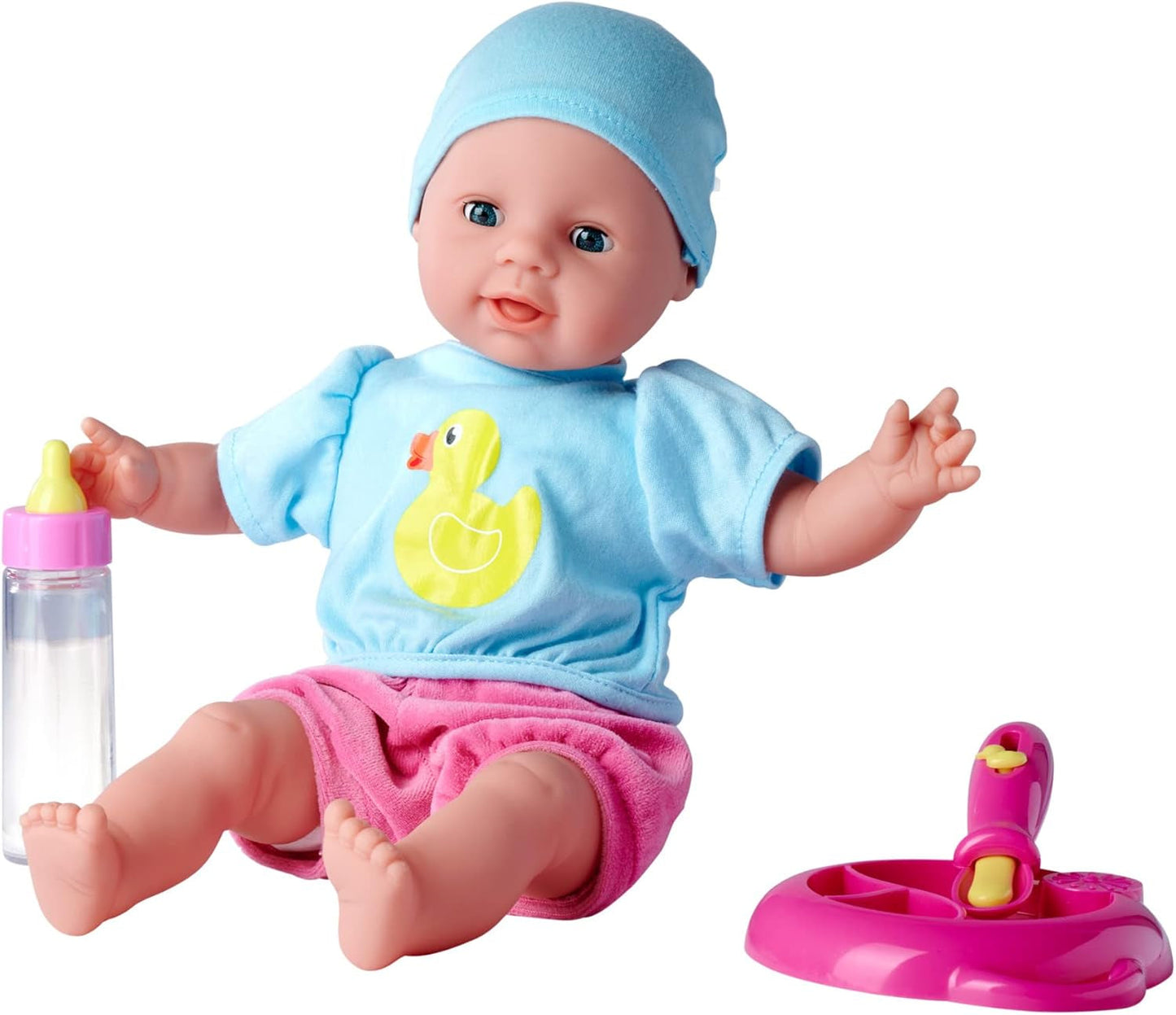 Simba 105010964 - Laura Hungry měkká panenka s dudlíkem, kouzelnou lžičkou, mizející lahvičkou a talířkem, 38 cm, panenka pro děti od 2 let