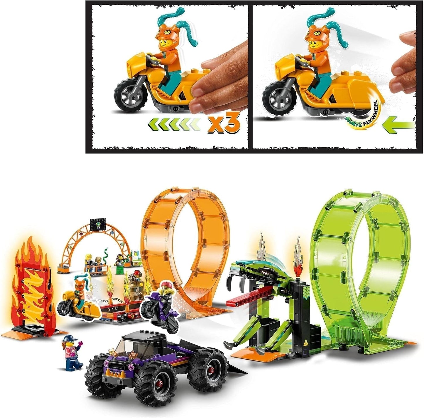 LEGO 60339 City Stuntz Stuntz Show Double Looping Set, vč. rampa, monster truck, 2X motocykl a 7 minifigurek, hračka pro děti od 7 let Stavebnice Besuche den LEGO-Store