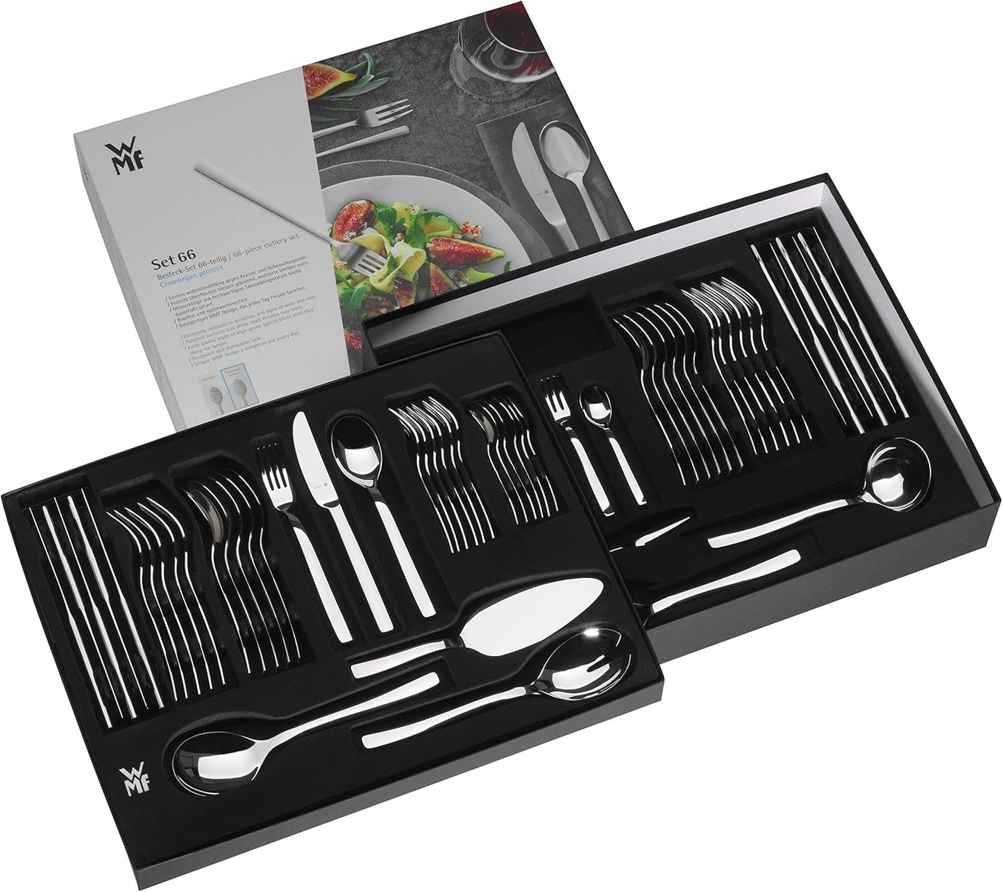 WMF Corvo Besteck Set 12 osob, 66 částí, 60 částí Mit Servierbesteck, Hohlheftmesser, Cromargan Protect Mattiert, Kratzbeständig, Spülmaschinenfest Kitchen Naty Shop