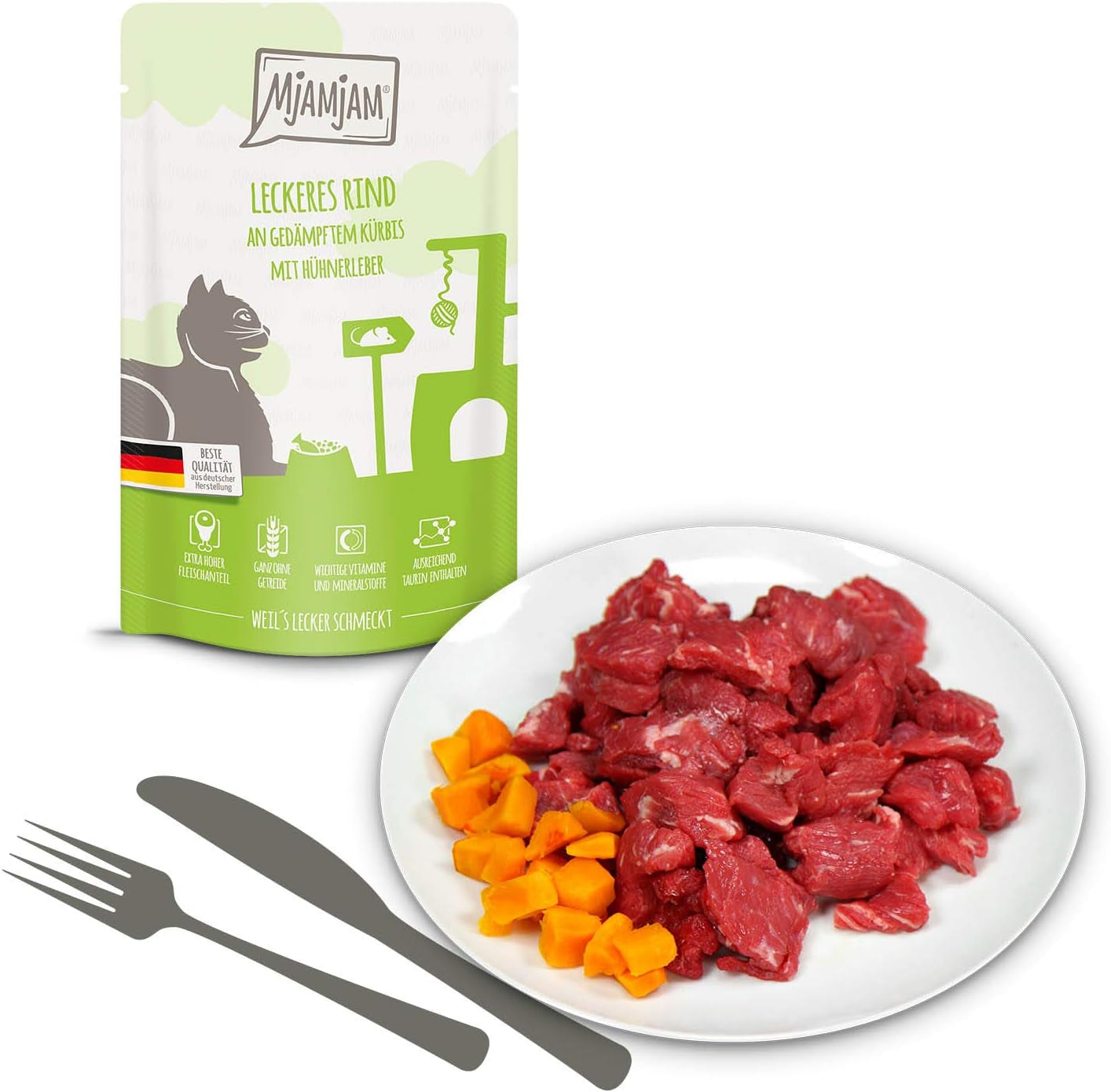 MjAMjAM - prémiové mokré krmivo pro kočky - smíšené balení I - kuře, hovězí maso, srdíčka 12 balení (12 x 125 g), bez obilovin s extra masem
