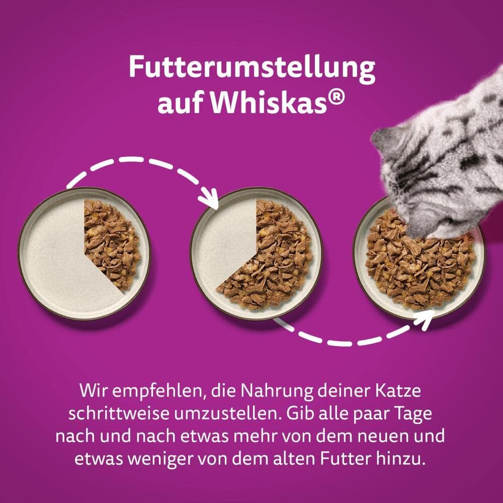 Whiskas 1+ mokré krmivo pro kočky s kuřecím masem v želé, 28x85g (1 balení) - Vysoce kvalitní mokré krmivo pro dospělé kočky v sáčcích po 28 porcích