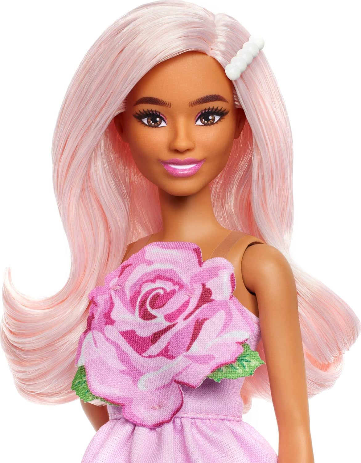 Panenka Barbie Fashionistas č. 238 s pastelově růžovými vlasy, šaty bez ramínek s růžovým topem, perleťovou sponou do vlasů a páskovými vysokými podpatky, HYT94 Naty Shop Dolls