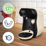 Bosch Tassimo Happy Friendly kávovar na kapsle TAS107E, 70+ nápojů, vhodný pro všechny šálky, Auto-Stop, udržitelný, perfektní dávkování, úspora místa, 1400 W, krémová/černá