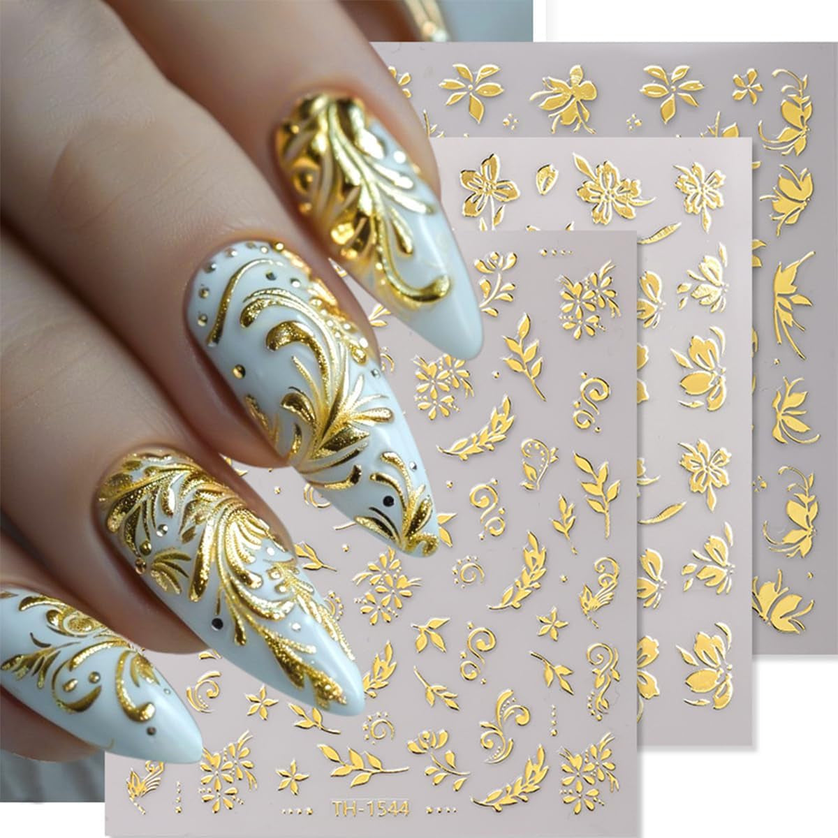 JMEOWIO Nálepka na nehty Goldene Blumen 8 Blatt Nálepka na nehty Selbtklebend Nagelaufkleber Dekoration Nageldesign Zubehör