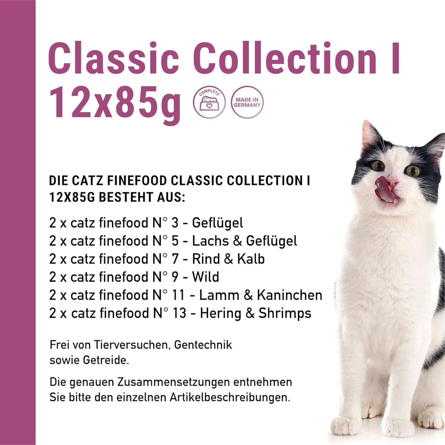 Catz Finefood Classic Collection Mixed Pack Mokré krmivo pro kočky - Gurmánské mokré krmivo pro vaši kočku, bez obilovin a cukru, s vysokým obsahem masa, 24 sáčků x 85 g