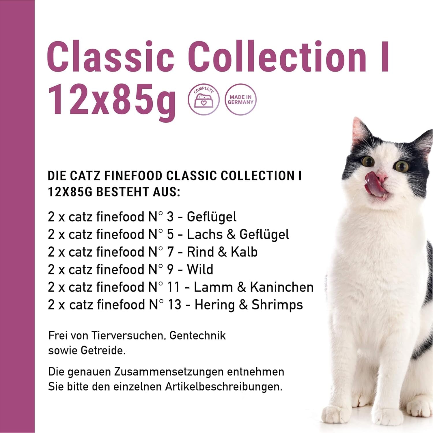 Catz Finefood Classic Collection Mixed Pack Mokré krmivo pro kočky - Gurmánské mokré krmivo pro vaši kočku, bez obilovin a cukru, s vysokým obsahem masa, 24 sáčků x 85 g