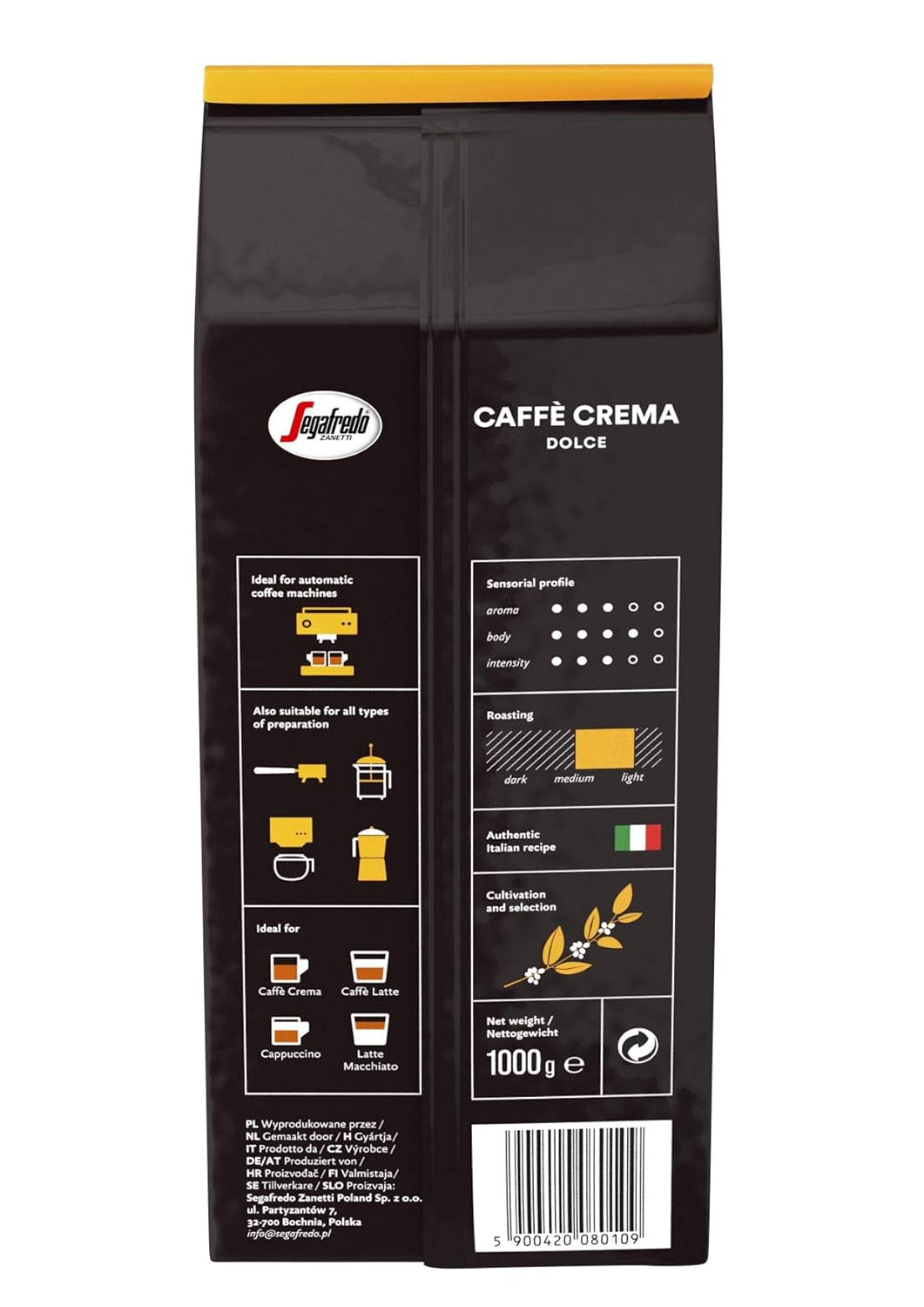 Segafredo Zanetti Caffè Crema Dolce - Celá zrna (1 kg balení) - Vhodné pro Caffè Crema - Lehce až středně pražená kávová zrna s jemnou a vyváženou chutí (2 balení)