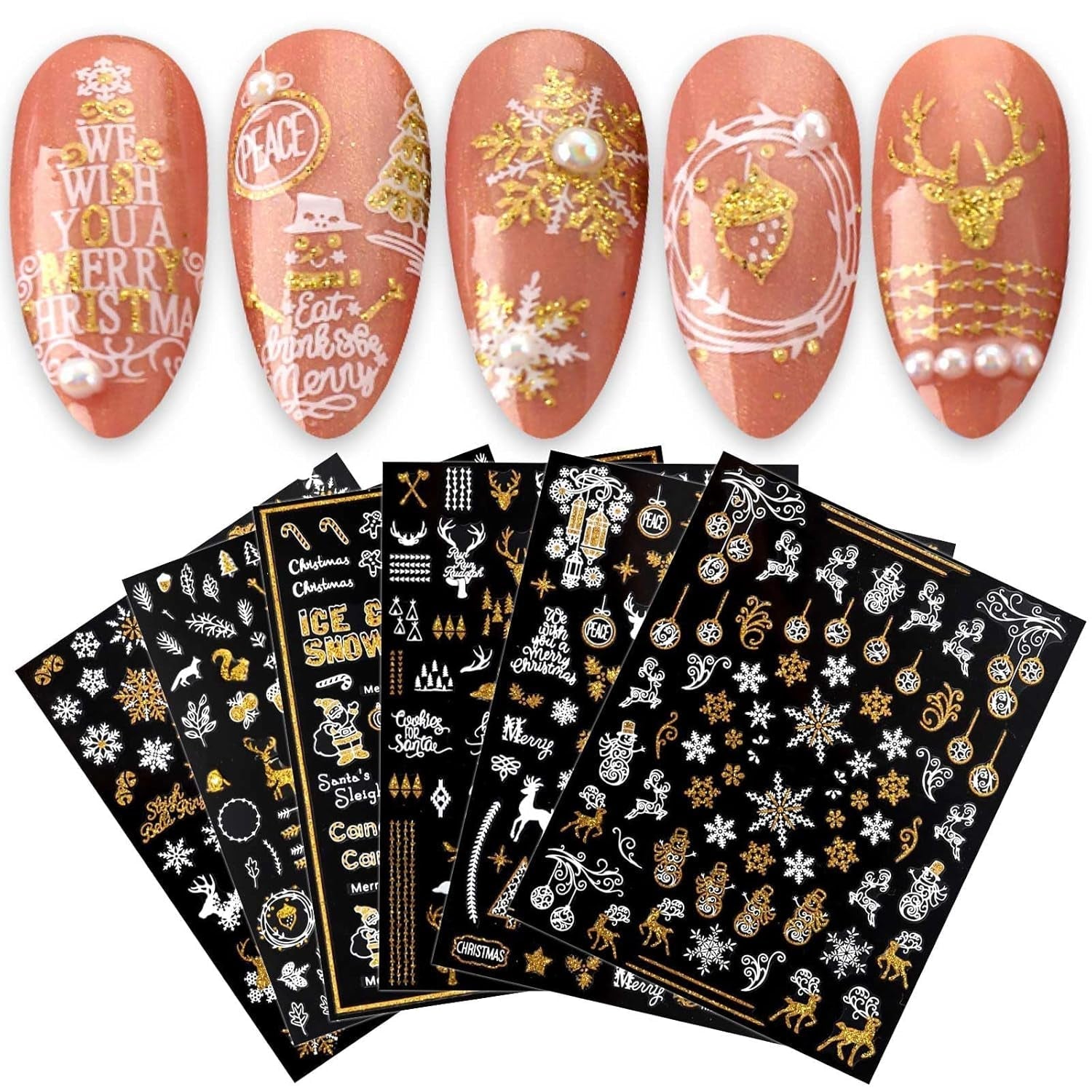 JMEOWIO Nagelsticker Weihnachten 9 Blatt Nail Art Sticker Selbtklebend Nagelaufkleber Schneeflocke Schneemann Festival Weißes Zlatá dekorace Nageldesign Zubehör