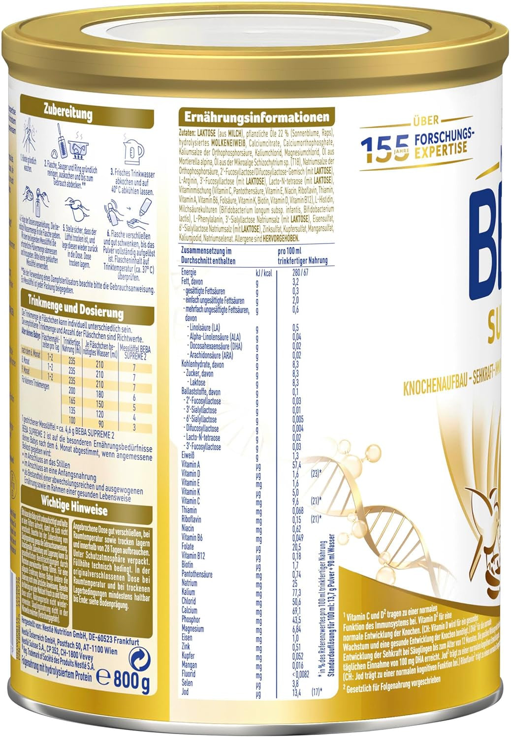 BEBA SUPREME 2 Pokračovací mléko po 6 měsících, pouze laktóza, bez palmového oleje, balení 6 ks (6 x 800 g) Naty Shop