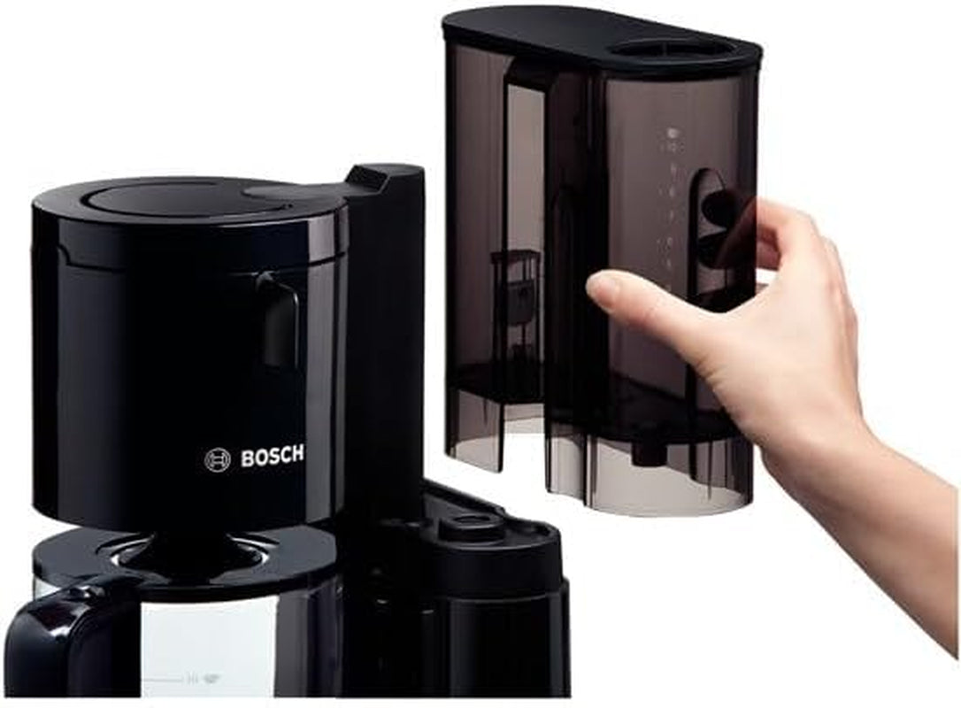 Espresso Bosch Styline TKA8013 s filtrem, senzor aroma, skleněná karafa na konzervaci aroma 1,25 l, 10-15 šálků, automatické vypnutí, systém odvápnění, systém proti odkapávání, otočný držák filtru, 1160 W, černá