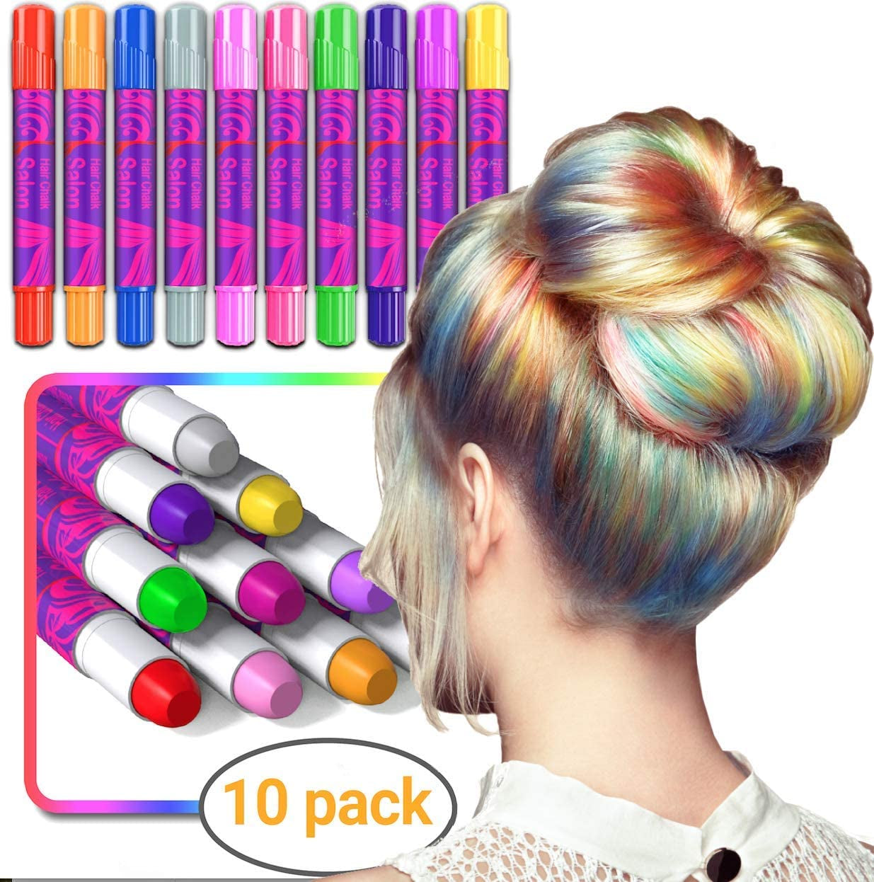 Desire Deluxe Hair Chalk dárky pro dívky, Křída na vlasy pro hračky na barvení vlasů k Vánocům, 10 omyvatelných per na vlasy na karneval, 3 4 5 6 7 8 9 11 let staré barvy na vlasy Naty Shop