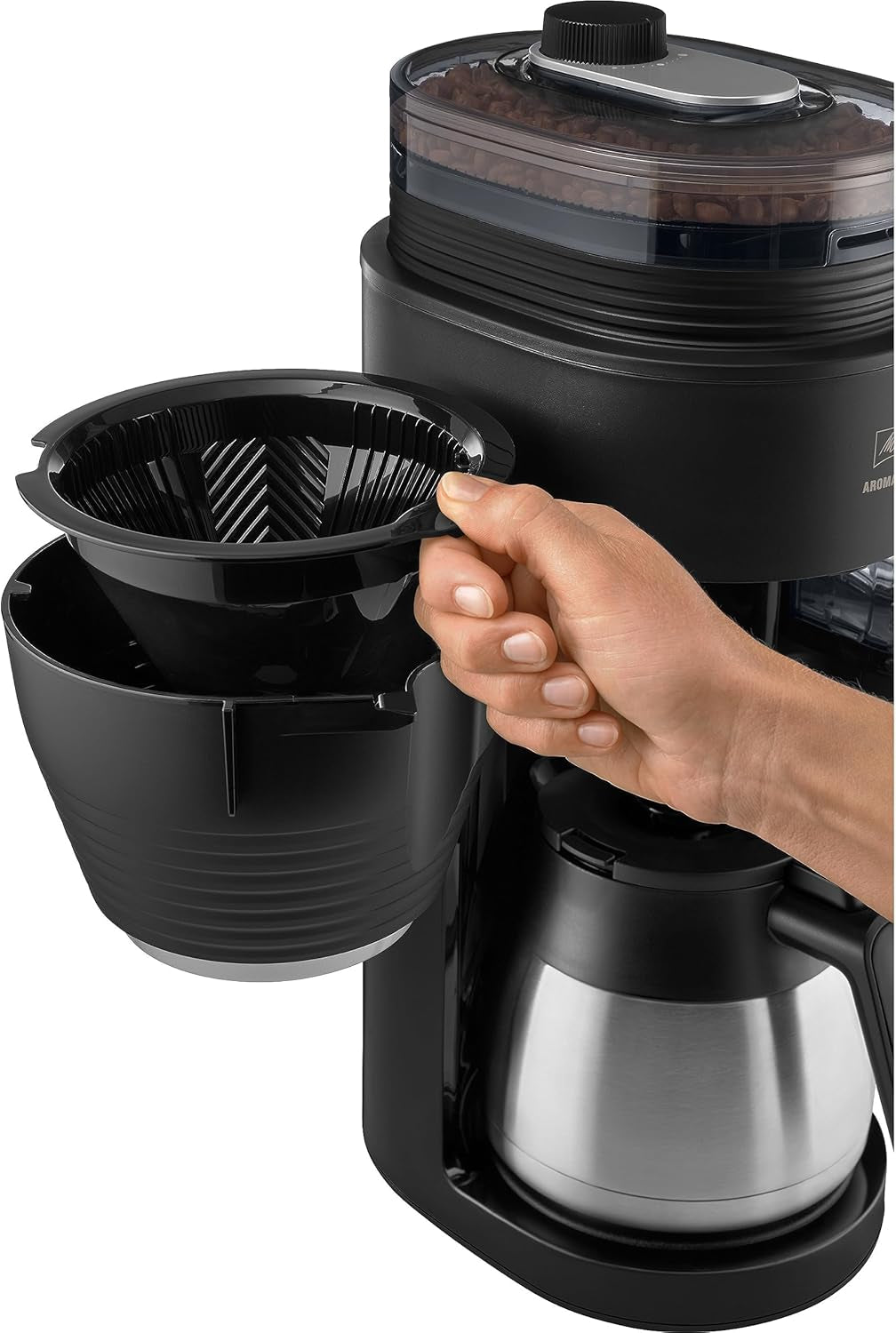 Melitta AromaFresh Therm Pro X - Espresso kávovar s filtrem, integrovaným mlýnkem, vyjímatelnou nádržkou na vodu, nerezovou termokarafou a funkcí časovače, až na 8 šálků kávy, černá/stříbrná